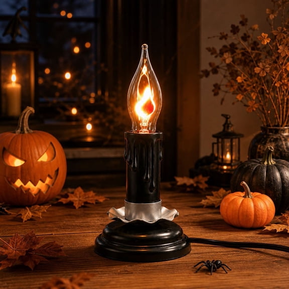 Homellea Halloween Black Flameless Taper Candle Lamp, 6.29 Inch Plug-In LED Flame Bulb Candle Light with Warm Glow and Drip Wax Style Base for Window, Mantel, Christmas and Party Decor