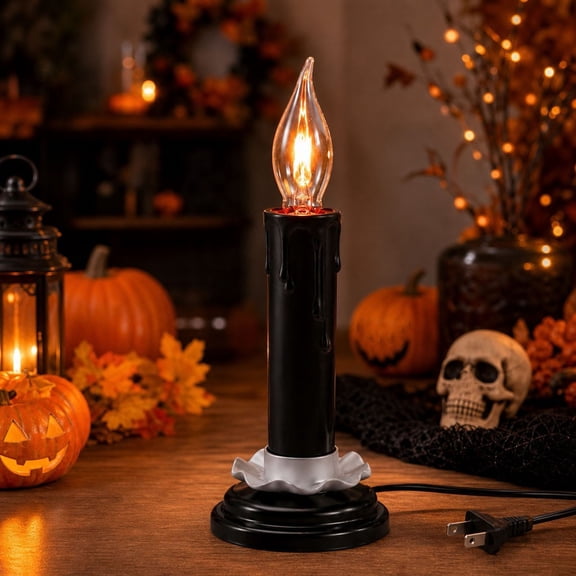 Homellea Halloween Black Flameless Taper Candle Lamp, 9.84 Inch Plug-In LED Flame Bulb Candle Light with Warm Glow and Drip Wax Style Base for Window, Mantel, Christmas and Party Decor