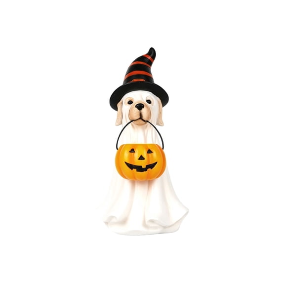 Homellea Halloween Ghost Dog Figurine, 7.87 Inch White Resin Dog Statue with Witch Hat and Jack O Lantern Pumpkin Bucket for Tabletop, Shelf, Mantel, Bar, Home and Party Decor