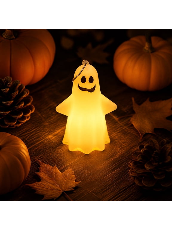 Halloween Ghost LED Night Light, 4.25 Inch Soft Rubber Ghost Lamp with Keychain Ring, Warm Glow Mini Hanging Pendant for Mantel, Shelf, Desk, Bag, Party and Home Decor