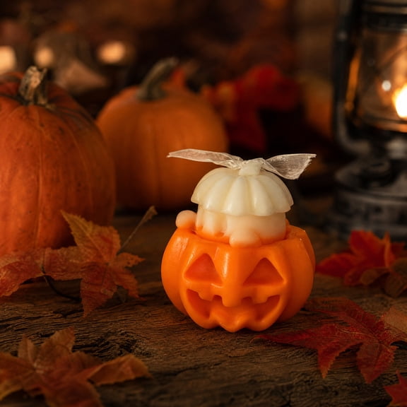 Homellea Halloween Ghost Pumpkin Face Candle, Two Tone Sculpted Wax Figurine for Tabletop, Mantel, Shelf, Entryway, Fall Party, Thanksgiving and Cute Spooky Fall Home Decor Accent