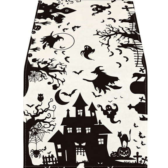 Homellea Halloween Ghost Table Runner, 12.99 × 72.05 Inch Spooky Boo Print Linen Table Runner for Kitchen Dining Table, Halloween Party, Mantel, Coffee Table, Entryway and Indoor Home Decor