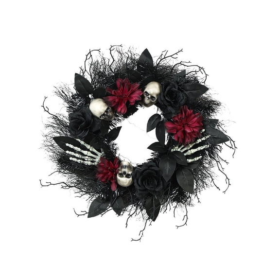Homellea Halloween Gothic Skull Wreath, 17.8 Inch Black Rose and Red Flower Front Door Wreath with Skeleton Hands for Indoor Wall, Window, Porch, Entryway and Party Decor