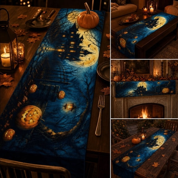 Homellea Halloween Haunted House Table Runner, 12.99 x 35.43 Inch Spooky Blue Moon Pumpkin Table Scarf for Dining Table, Kitchen, Coffee Table, Mantel, Buffet and Party Decor