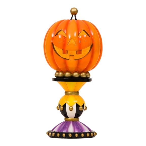 Homellea Halloween Jack O Lantern Pedestal Decor, 11.81 Inch Light Up Pumpkin Tabletop Ornament with Colorful Base for Mantel, Shelf, Entryway, Desk, Party and Fall Home Decor
