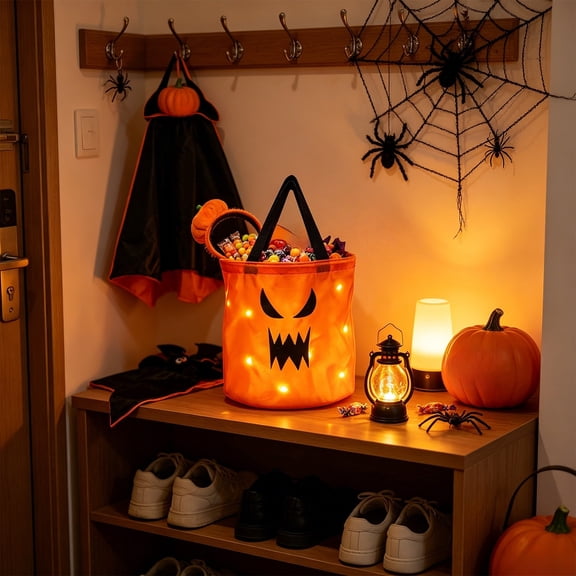 Homellea Halloween LED Monster Face Candy Bag, 9.84 x 11.81 Inch Orange Light Up Treat Tote with Monster Face Design with Sharp Teeth for Candy Storage, Party Favor, Decor Accessory and