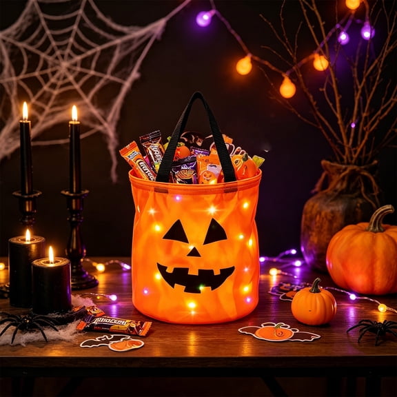 Homellea Halloween LED Pumpkin Smile Candy Bag, 9.84 x 11.81 Inch Orange Light Up Treat Tote with Classic Pumpkin Smile Face Design for Candy Storage, Party Favor, Decor Accessory and Fall