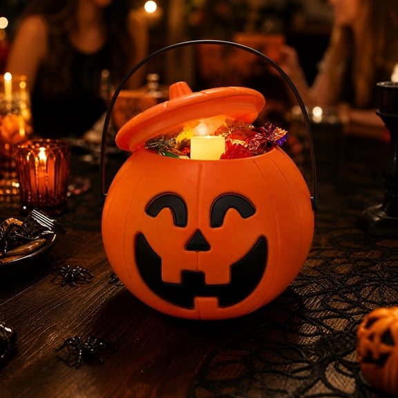 Homellea Halloween Pumpkin Candy Bucket, Orange Jack O Lantern Pail with Handle, LED Candle Light Display Insert for Halloween Party, Table Display, Porch, Entryway and Haunted House