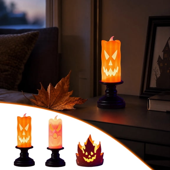 Homellea Halloween Pumpkin Face Flameless LED Candle Light, 4.72 Inch Orange Electronic Candle Decor with Black Pedestal Base for Tabletop, Mantel, Shelf, Entryway and Indoor Party Decor