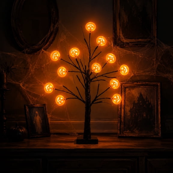 Homellea Halloween Pumpkin Tree Light, 23.62 Inch Black LED Tabletop Tree with Jack O Lantern Lights for Mantel, Entryway, Shelf, Window, Desk and Indoor Party Decor