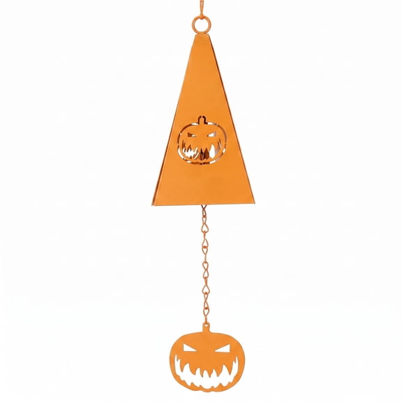 Homellea Halloween Pumpkin Wind Chime, Orange Metal Jack O Lantern Hanging Ornament with Triangle Bell and Pumpkin Pendant for Patio, Porch, Yard, Garden, Indoor Wall and Party Decor