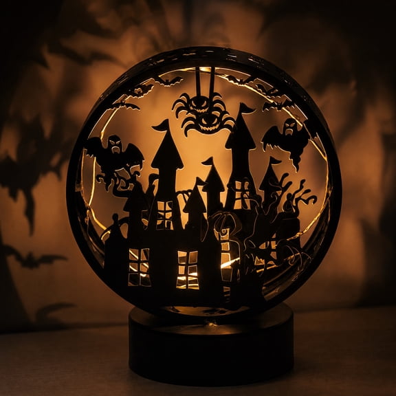 Homellea Halloween Table Lamp, Black Iron Haunted Castle Light, 7.87 Inch Tall, Spooky Ghost Bat Cutout Lantern for Party Table Shelf Mantel for Party Shelf Mantel and Desk