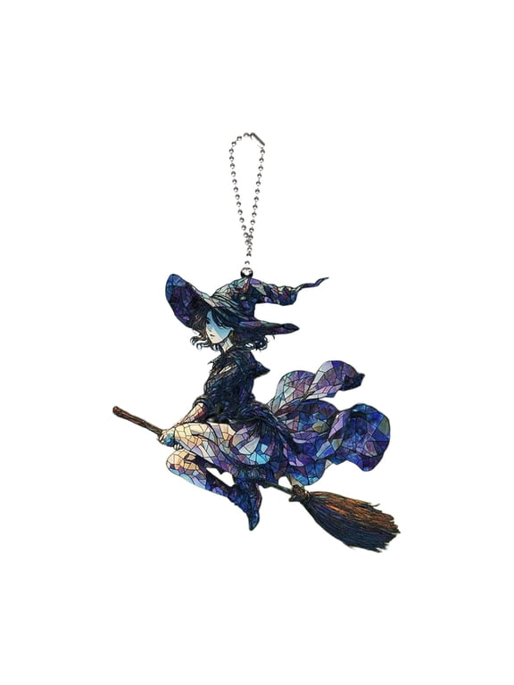 Halloween Witch Acrylic Hanging Ornament, 3.94 Inch Stained Glass Style Flying Witch Pendant with Chain for Window, Wall, Backpack, Keychain, Garden and Spooky Home Decor