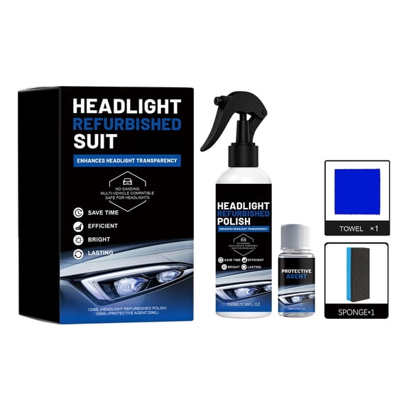 Homellea Headlight Restoration Kit, 100ml Cleaner Polish and 20ml Protective Agent with Towel and Sponge, Car Headlamp Plastic Lens Cleaner for Yellowing, Oxidation, Haze and Clarity Care