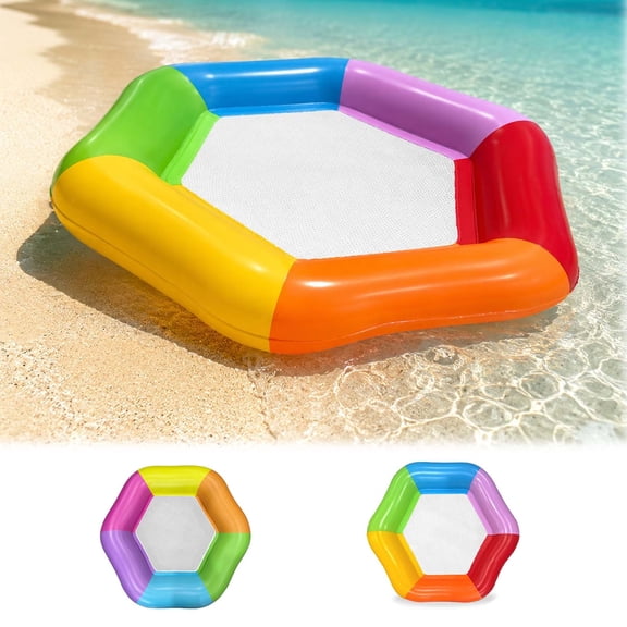 Homellea Hexagon Inflatable Pool Float Lounger, 70 x 62 Inch Colorful Mesh Center Water Hammock Raft for Adults, Floating Bed for Swimming Pool, Beach, Lake, Backyard and Summer Vacation