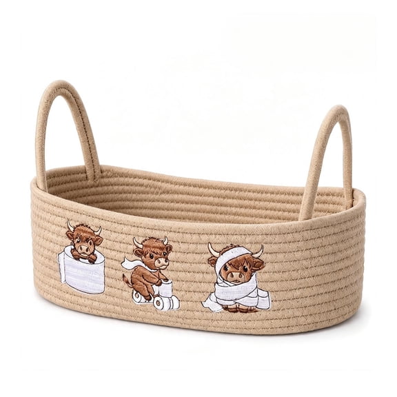 Homellea Highland Cow Cotton Rope Storage Basket, Woven Organizer Bin with Embroidered Cow Design and Handles for Bathroom Vanity, Shelf, Tabletop and Farmhouse Home Decor