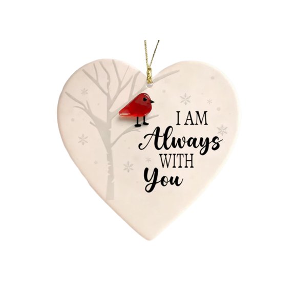 Homellea I Am Always with You Cardinal Memorial Ornament, 3.94 Inch Heart-Shaped Sea Glass Style Hanging Keepsake for Christmas Tree, Window, Remembrance Display and Sympathy Gift