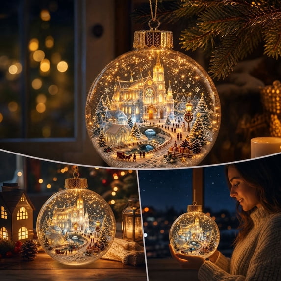 Homellea Light Up Cathedral Village Christmas Story Ornament Ball, 3D Mini Winter Scene with Warm LED Lights for Christmas Tree, Window, Mantel, Shelf and Holiday Home Decor, 3.15 Inch