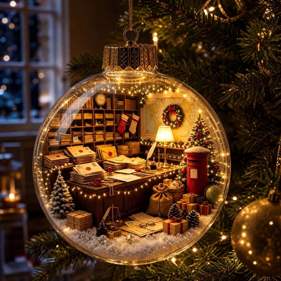 Homellea Light Up Christmas Post Office Story Ornament Ball, 3D Mini Mailroom Scene with Warm LED Lights for Christmas Tree, Window, Mantel, Shelf and Holiday Home Decor, 3.15 Inch