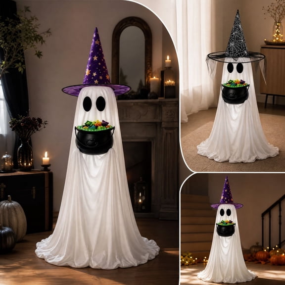 Homellea Light Up Ghost Candy Bowl Stand with Witch Hat, Halloween Standing Ghost Decor with Candy Cauldron and Warm LED Lights for Porch, Entryway and Trick or Treat Display, 53.15 Inch