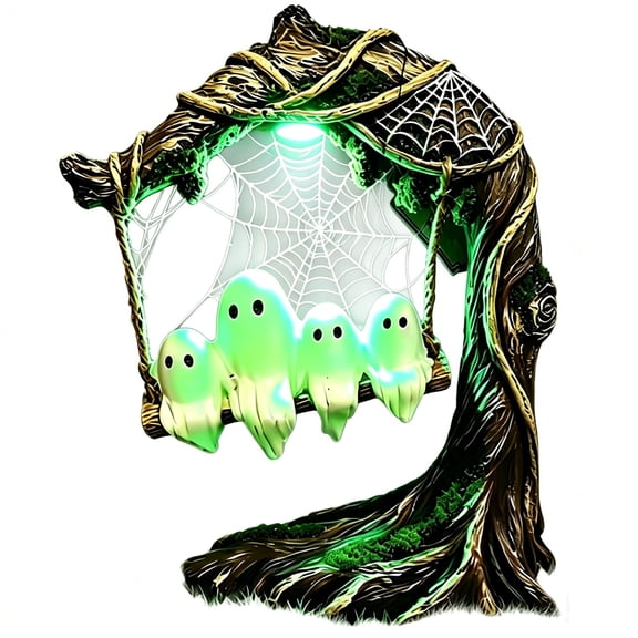 Homellea Light Up Ghost Tree Swing Halloween Decor, 7.87 Inch Resin Tabletop Ornament with Green LED Light, Spider Web and Cute Ghosts for Mantel, Shelf, Desk, Entryway and Party Decor