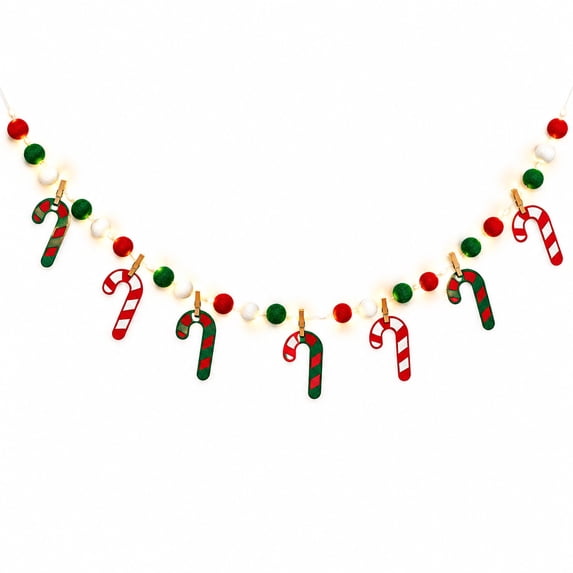 Homellea Lighted Christmas Garland with Candy Cane Shapes, Pom Pom Beads and Lights, Battery Operated Hanging Banner for Tree, Mantel, Window and Seasonal Party Decor, 118.11 Inch