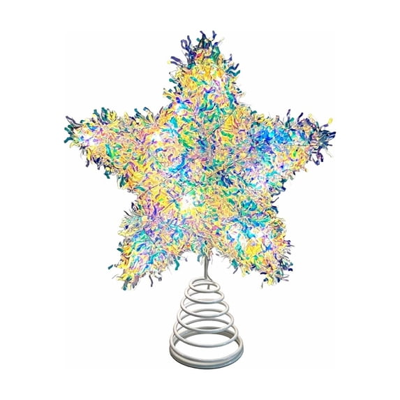 Homellea Lighted Tinsel Star Christmas Tree Topper, Battery Operated LED Five Point Star with Spring Base for Xmas Tree Top, Holiday Party, Living Room, Mantel and Indoor Home Decor