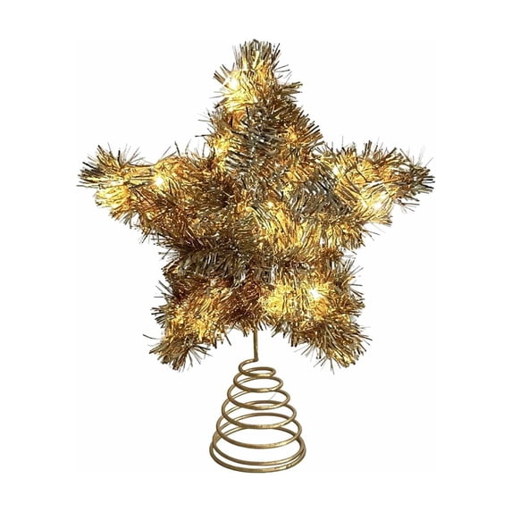 Homellea Lighted Tinsel Star Christmas Tree Topper, Battery Operated LED Five Point Star with Spring Base for Xmas Tree Top, Holiday Party, Living Room, Mantel and Indoor Home Decor