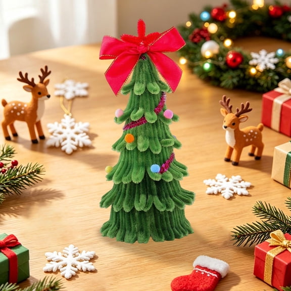 Homellea Mini Christmas Tree Table Decor, 9.45 Inch Green Chenille Tree, Red Bow Pom Pom and Tinsel Accent, Handmade Look Holiday Centerpiece for Tabletop, Mantel, Shelf and Office Desk