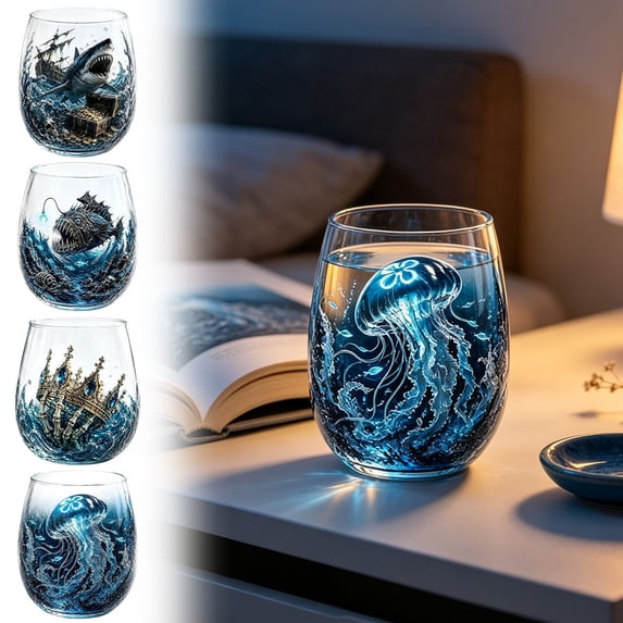 Homellea Ocean Jellyfish Glass Tumbler, 3.94 Inch Clear Stemless Drinking Glass with Blue Underwater Jellyfish Print for Water, Juice, Cocktails, Home Bar, Kitchen and Coastal Decor