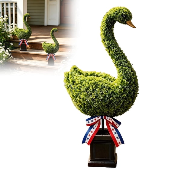 Homellea Patriotic Swan Topiary Garden Decor, Artificial Grass Goose Statue with Red White Blue Ribbon, Faux Greenery Planter for 4th of July, Memorial Day, Porch, Yard, Patio, 13.78 in