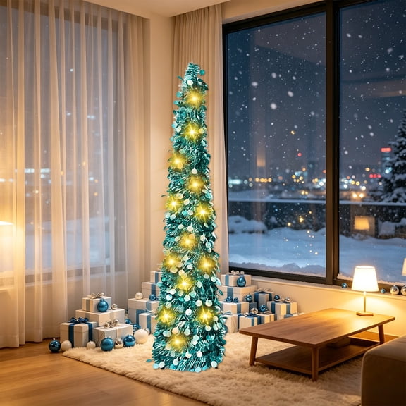 Homellea Pop Up Tinsel Christmas Tree, Collapsible Slim Pencil Xmas Tree with Reflective Sequins and String Lights for Apartment, Office, Entryway and Holiday Party Decor, 59 Inch, Green