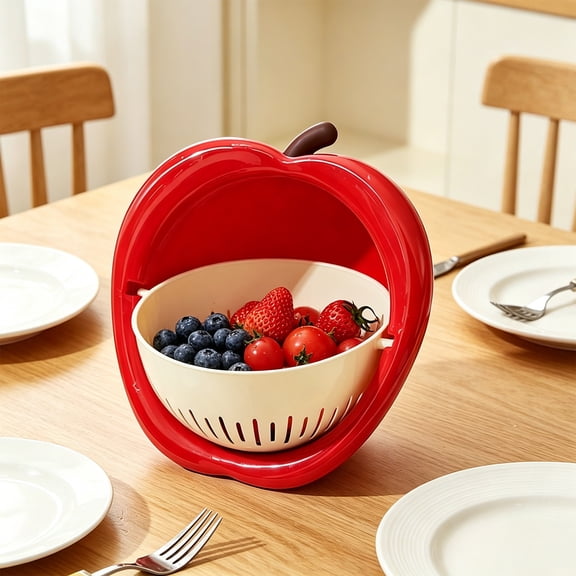 Homellea Red Apple Shaped Kitchen Colander Basket, 9.65 x 9.45 x 4.41 Inch Double Layer Fruit and Vegetable Washing Strainer with Inner Basket for Fruit Washing, Pantry Storage and Daily