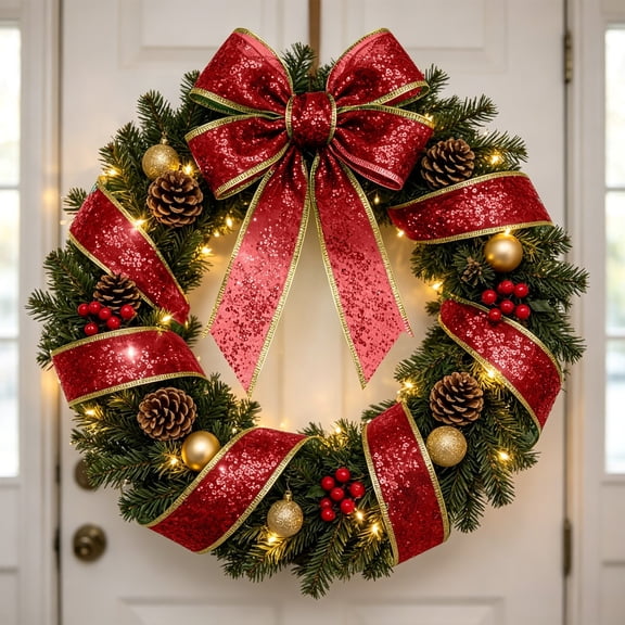 Homellea Red Christmas Sequin Wired Ribbon Roll, 354.3 x 1.9 Inch Mesh Craft Ribbon, Wired Edge Mesh Roll for Shaping Bows Mantel Displays Stair Rails Party Backdrops and DIY Decorations