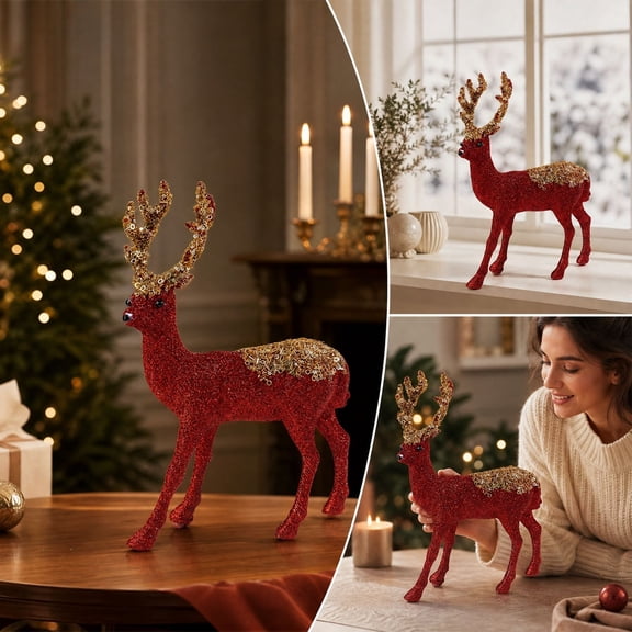 Homellea Red Glitter Christmas Reindeer Figurine with Sparkling Antlers and Accents, Standing Deer Tabletop Ornament for Mantel, Fireplace, Shelf, Entryway and Seasonal Holiday Home Display
