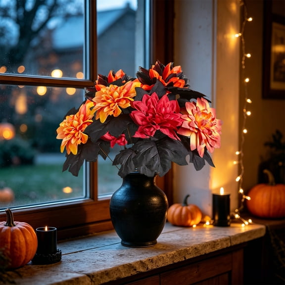 Homellea Red Halloween Artificial Flower Bouquet, 12.2 x 9.45 x 3.94 Inch Faux Rose Sunflower Dahlia Arrangement for Vase, Centerpiece, Mantel, Shelf, Tabletop and Gothic Party Display