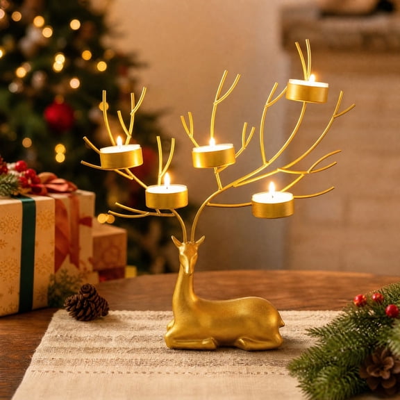 Homellea Reindeer Christmas Candle Holder, 5-Candle Iron Candelabra with Branch Antlers for Dining Table, Mantel, Shelf, Holiday Party and Winter Home Centerpiece Decor, 12.2 Inch