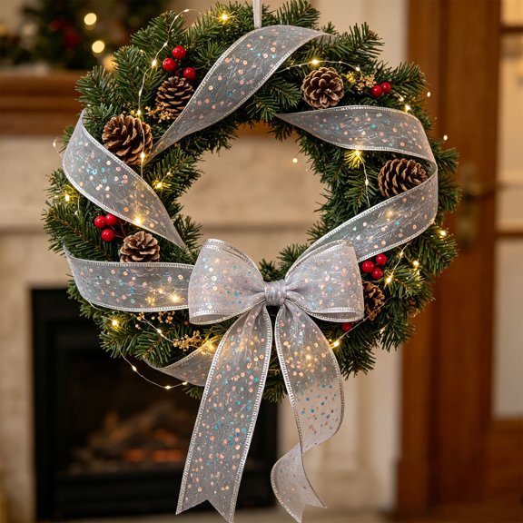 Homellea Silver Christmas Sequin Wired Ribbon Roll, 354.3 x 1.9 Inch Mesh Craft Ribbon, for Christmas Tree Bows Wreaths Garlands Gift Wrapping Crafts Floral Projects and Holiday Decor