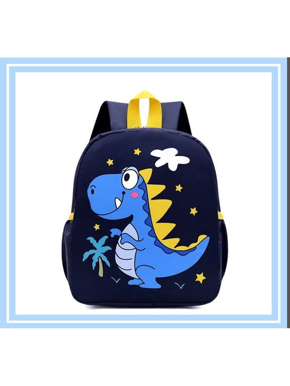 Small Dinosaur Backpack, 10.24 X 9.06 X 3.54 Inch Navy Polyester Bag With Yellow Trim, Zipper Closure And Cartoon Dinosaur Print, For Travel, Day Trips, Picnic, Park Visits