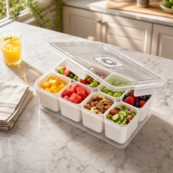 Homellea Snackle Box Container, White 8 Compartment Divided Snack Tray, L Size with Clear Lid, Portable Food Storage Box for Fruit Candy Picnic Fridge Organization