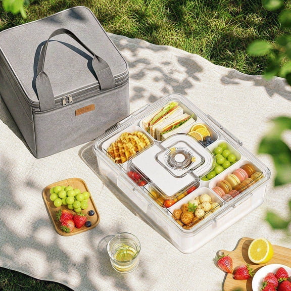 Homellea Snackle Box Container, White 8 Compartment Divided Snack Tray, XL Size with Clear Lid, Portable Food Storage Box for Fruit Candy Picnic Fridge Organization