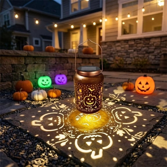 Homellea Solar Halloween Hanging Lantern Pumpkin Projection Light with Cutout Pattern 6.3 Inch Brown Metal