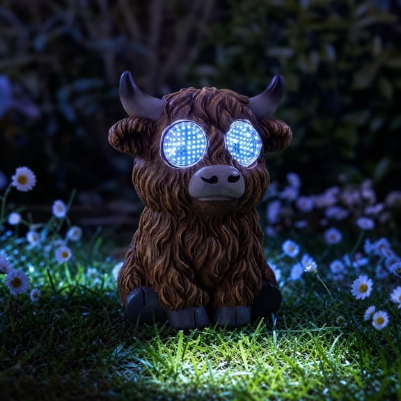 Homellea Solar Highland Cow Statue with LED Lights, Animated Eyes Solar Light, Resin Animal Outdoor Fairy Garden Statue Decor Accessories for Lawn Ornaments, Yard Art, Pathway, Patio