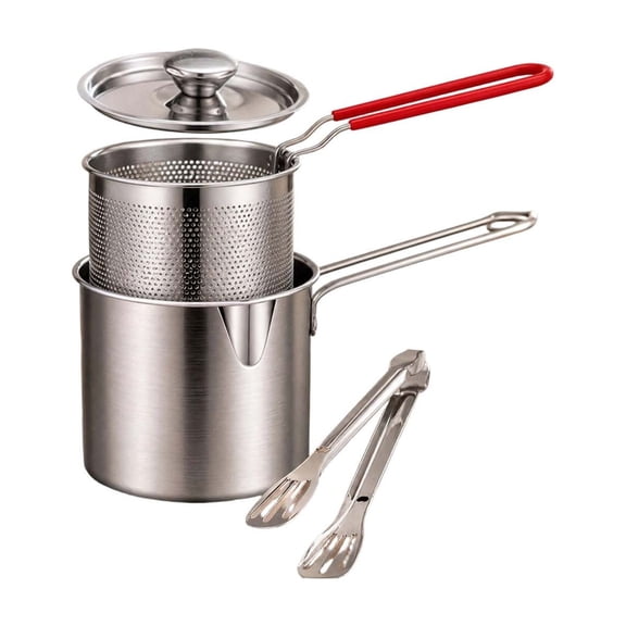 Homellea Stainless Steel Deep Fryer Pot Set, 4 Piece Stovetop Frying Pot with Strainer Basket, Lid and Food Tongs, Small Fryer for French Fries, Chicken, Shrimp, Tempura and Home Kitchen