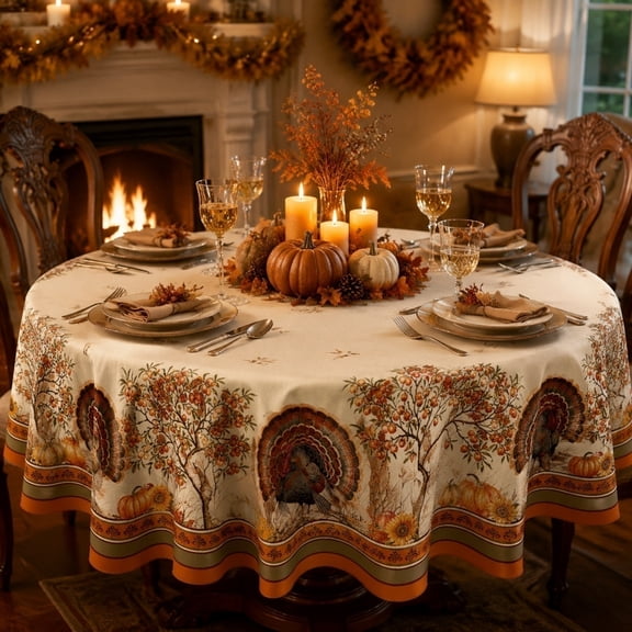 Homellea Thanksgiving Turkey Round Tablecloth, Beige Fall Harvest Polyester Table Cover with Pumpkin, Sunflower and Leaf Print for Dining Table, Kitchen, Buffet, Party and Autumn Decor