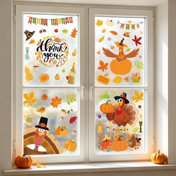 Homellea Thanksgiving Window Cling Decals, 4 Sheet Turkey Pumpkin Leaf Stickers with Thank You Autumn Design for Glass, Window, Door, Storefront and Fall Home Decor