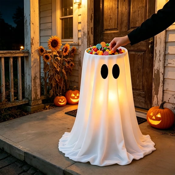 Homellea USB Rechargeable Halloween Ghost Candy Bowl Stand, 29.9 Inch Light Up Floor Candy Holder with Remote Control, White Ghost Cover and Iron Frame for Entryway, Porch and Party Decor