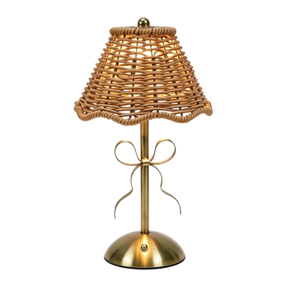 Homellea Vintage Rattan Style LED Table Lamp, Rechargeable Touch Dimmable Bedside Lamp with Scalloped Woven Shade and Bow Accent for Bedroom, Nightstand and Living Room, 12.2 Inch, Khaki