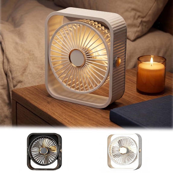 Homellea White Rechargeable Desk Fan, Portable Square Personal Fan with LED Night Light and Adjustable Stand for Office, Bedroom, Dorm, Vanity, Table and Summer Travel