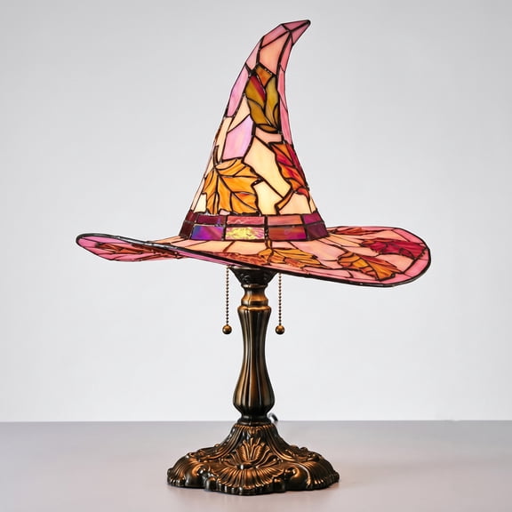 Homellea Witch Hat Table Lamp, 7.09 Inch Pink Stained Glass Style Resin Decorative Light with Autumn Leaf Pattern for Mantel, Shelf, Desk, Bedroom, Halloween Party and Fall Home Decor